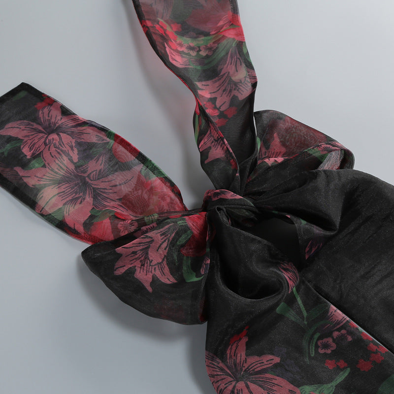 Georgia Floral Print Halter Ruffle Maxi Dress in Black Avalabel