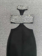 gwendolyn crystal halter cut out maxi dress in black Avalabel