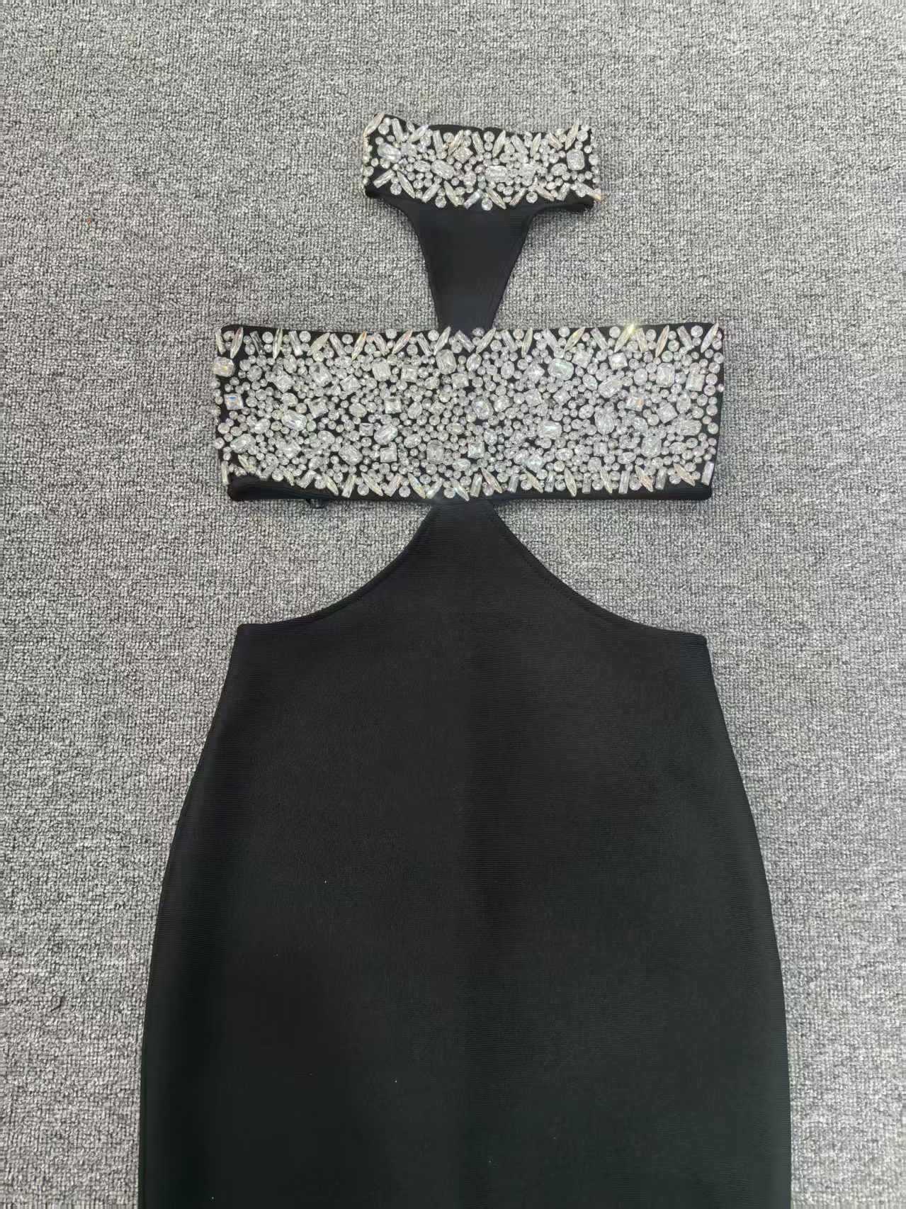 gwendolyn crystal halter cut out maxi dress in black Avalabel