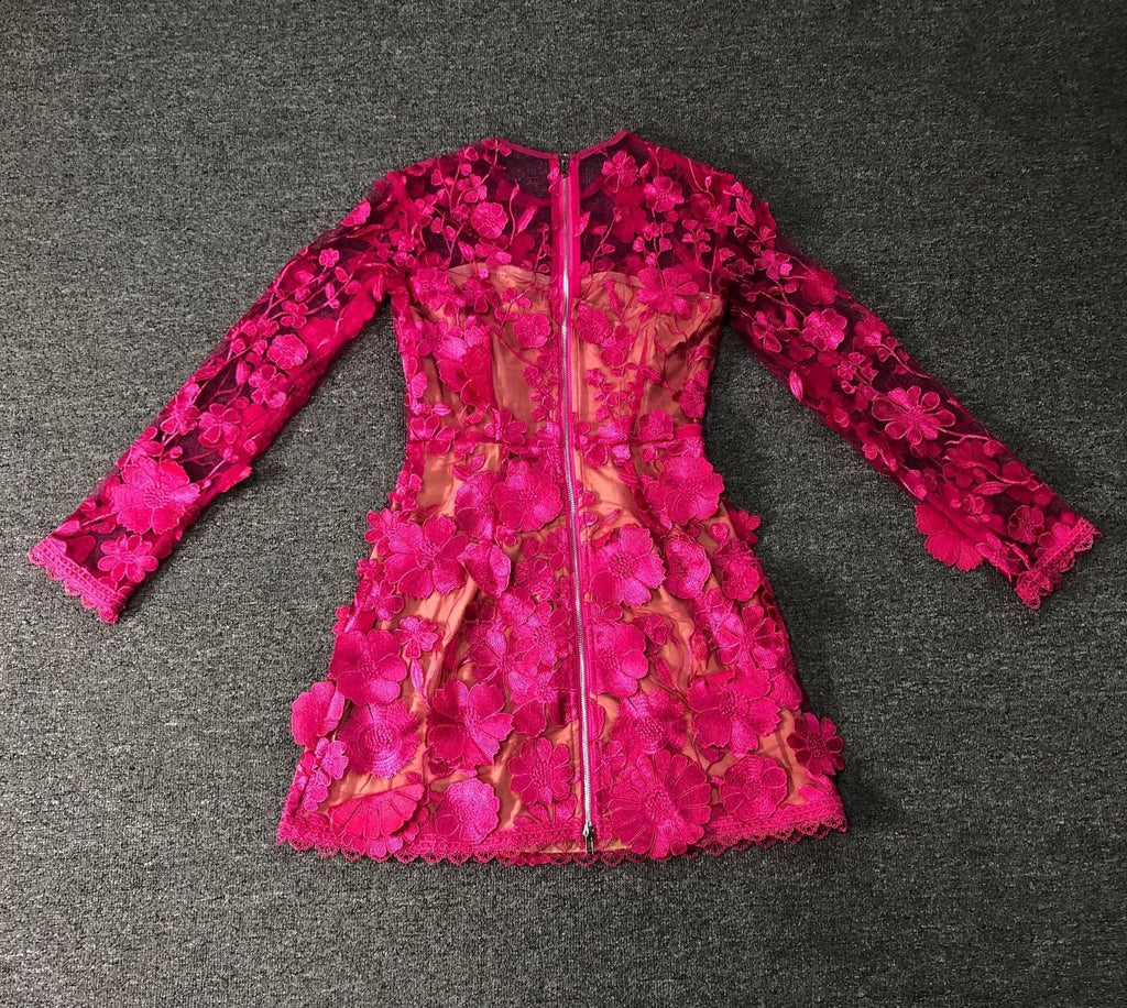 Rose red floral lace Long Sleeve Mini Dress Avalabel