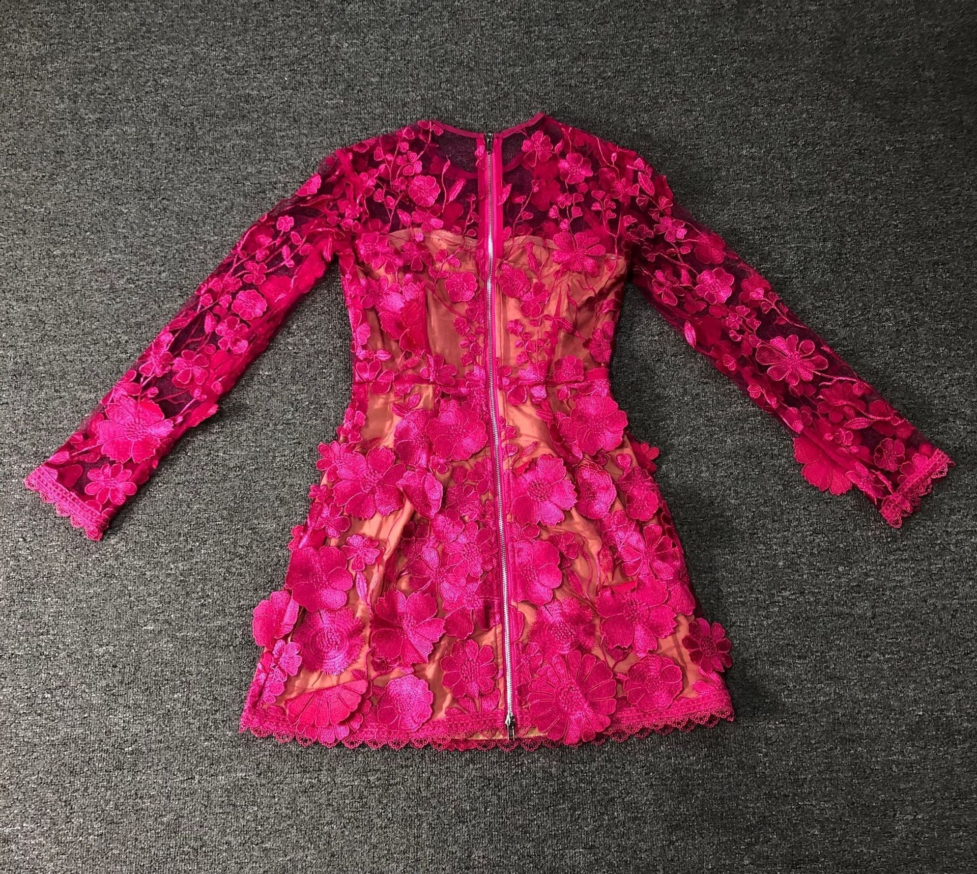 Rose red floral lace Long Sleeve Mini Dress Avalabel