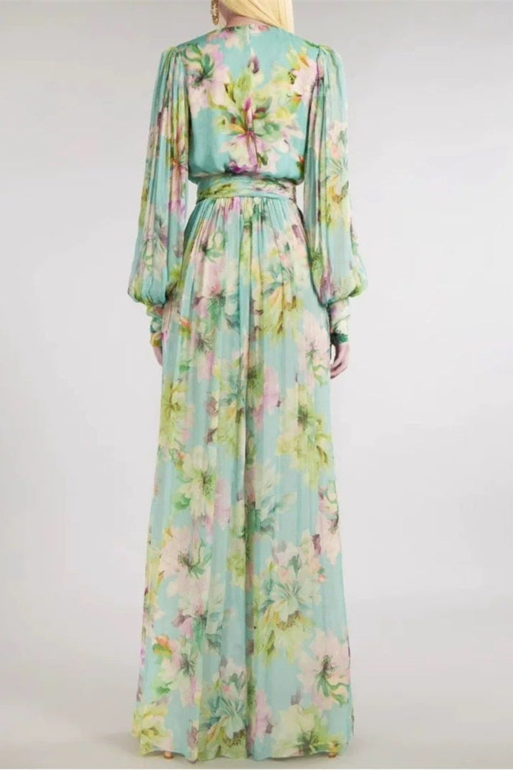 V Neck Floral Print Chiffon Maxi Dress in Green Avalabel