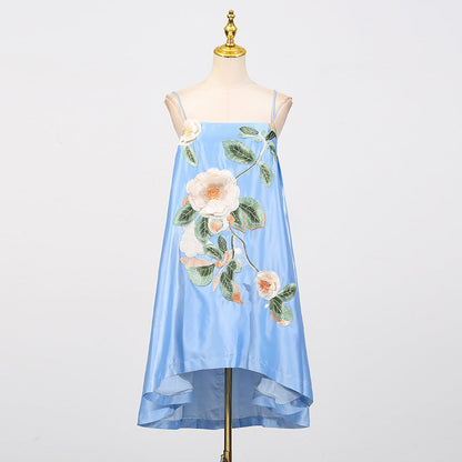 Edwina Applique Floral Embroidered Mini Dress in Blue