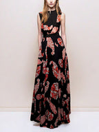 Black Printed  V-neck Sleeveless Maxi Dress Avalabel