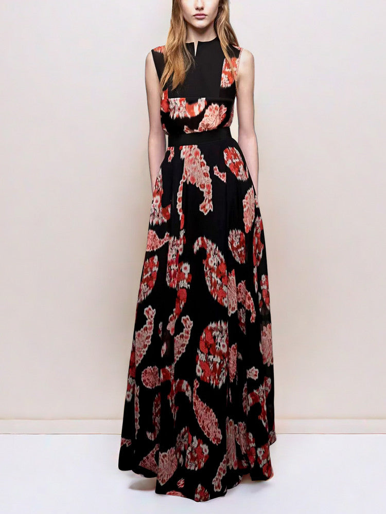 Black Printed  V-neck Sleeveless Maxi Dress Avalabel
