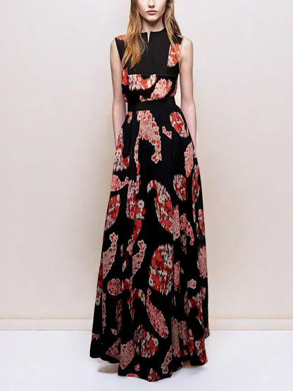 Black Printed  V-neck Sleeveless Maxi Dress