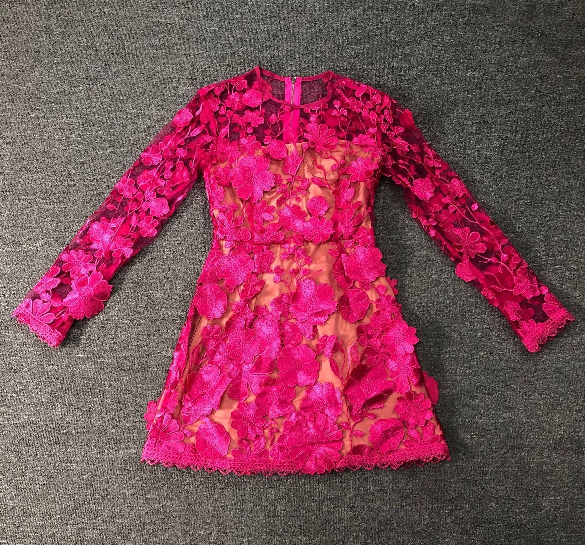 Rose red floral lace Long Sleeve Mini Dress Avalabel