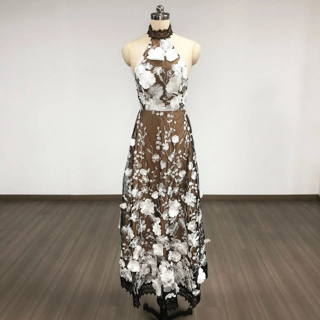alyssa black Halter Floral Embroidered Midi Dress Avalabel