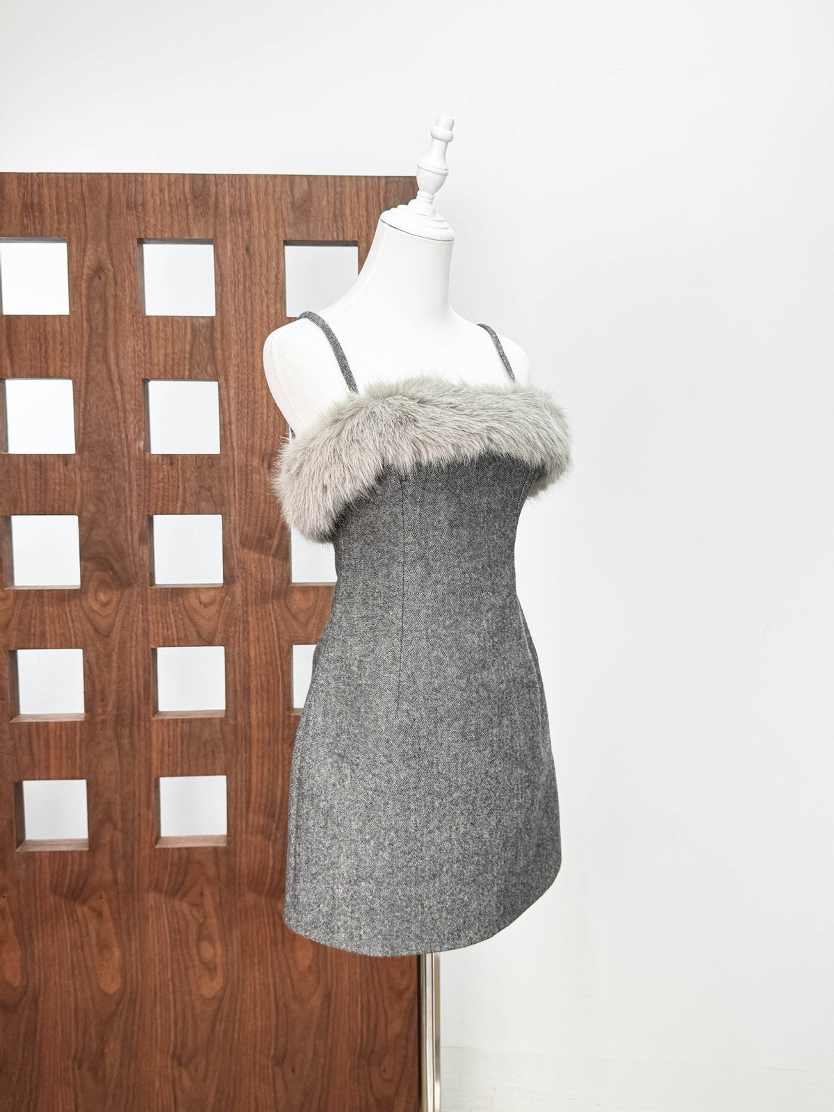victoria Spaghetti Faux Fur Mini Dress in grey Avalabel