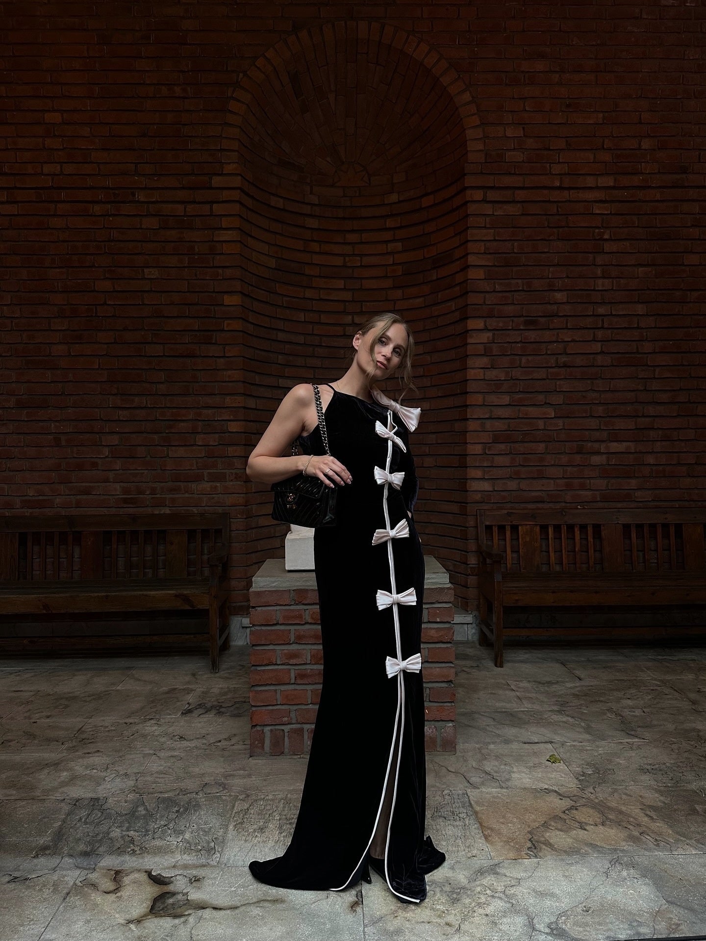 victoria Bow Cascade Velvet Maxi Dress in black Avalabel