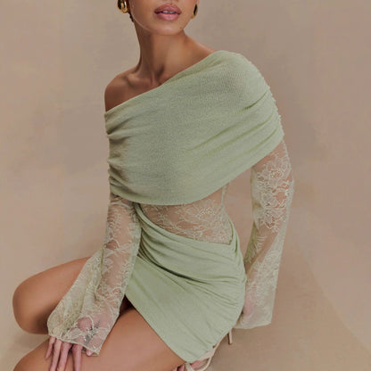 Matcha lace strapless spliced knitted mini dress