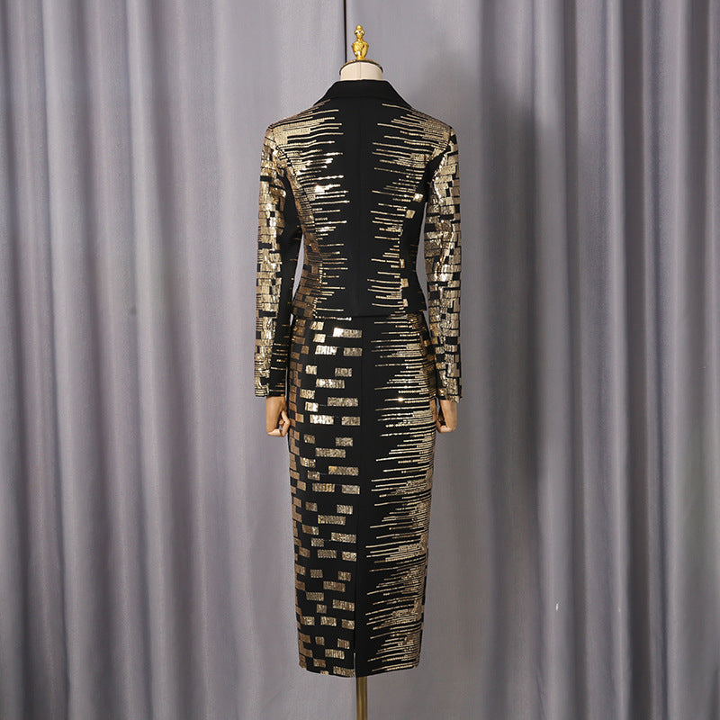 high-waisted skirt Gold sequin print blazer suit in black Avalabel