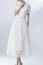 Lace Collared Belted Midi Dress Avalabel
