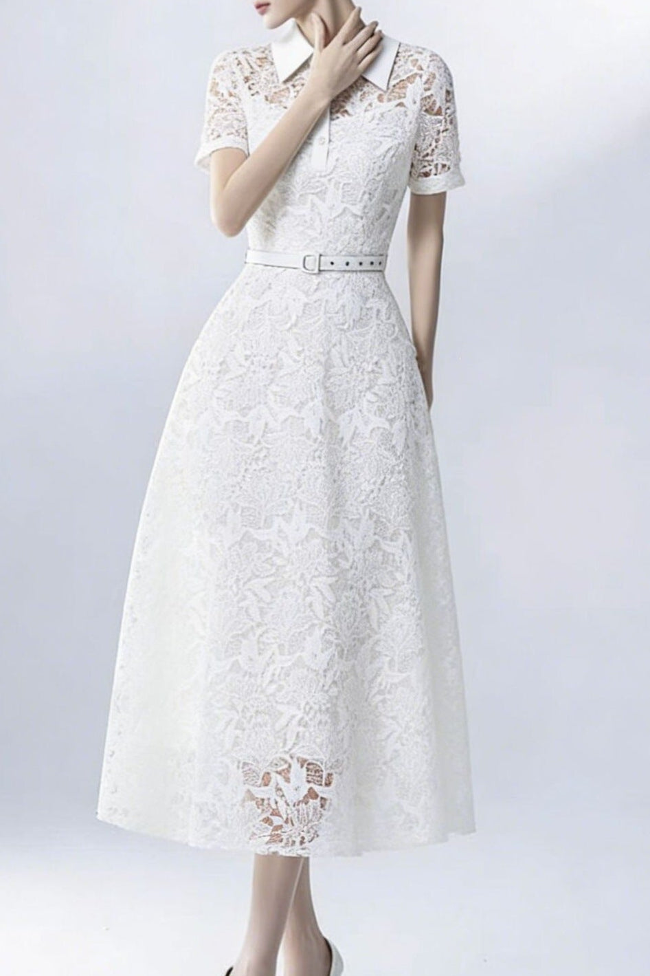 Lace Collared Belted Midi Dress Avalabel