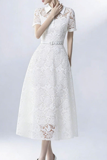 Lace Collared Belted Midi Dress