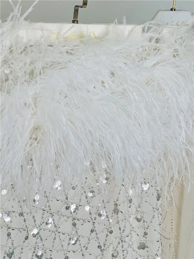 Masa White Haute Couture Feather Sequin Dress Avalabel