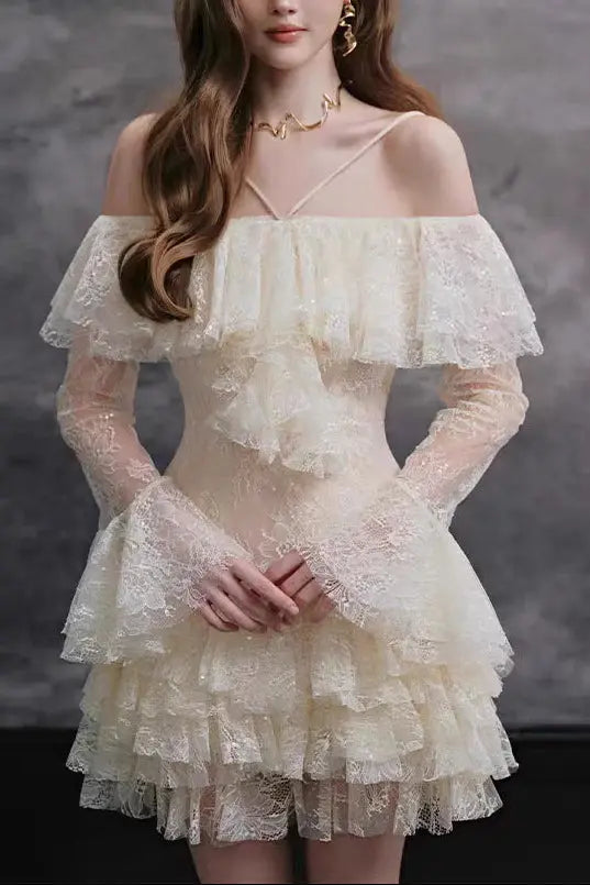 Elisha Off Shoulder Lace Ruffle Mini Dress Avalabel