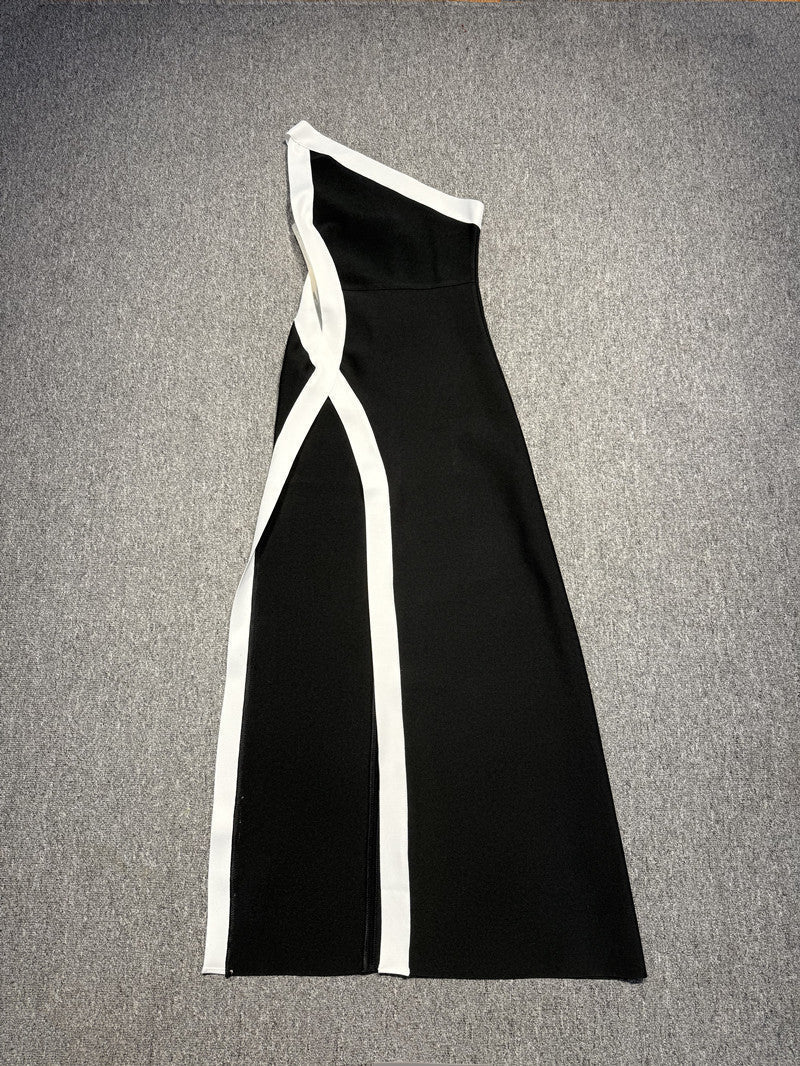 Stretch One Shoulder High Slit Maxi Dress in Black Avalabel