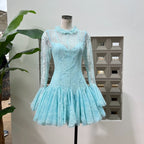 blue  Embroidered Flared Mini Dress Avalabel