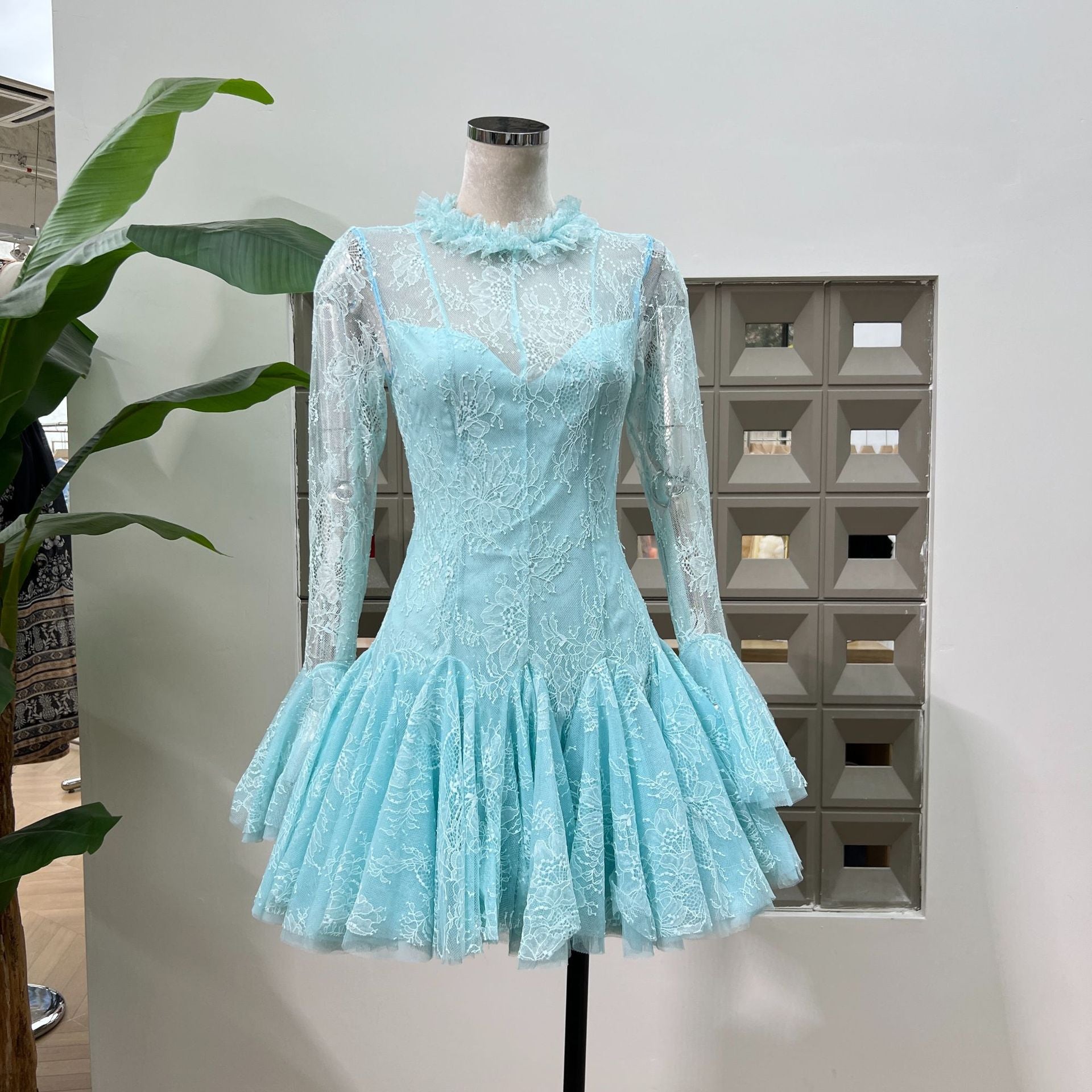 blue  Embroidered Flared Mini Dress Avalabel