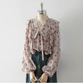 V-Neck Self-Tie Bow Ruffle Floral Print Puff Long Sleeve Blouse poava