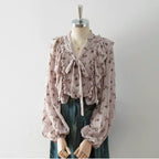 V-Neck Self-Tie Bow Ruffle Floral Print Puff Long Sleeve Blouse poava