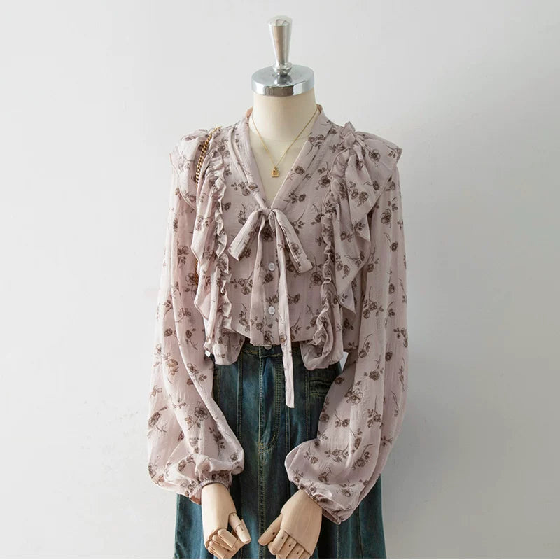 V-Neck Self-Tie Bow Ruffle Floral Print Puff Long Sleeve Blouse poava