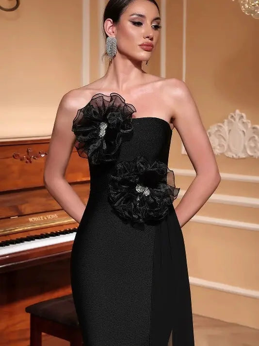 venus 3d flower rhinestone strapless midi dress in black Avalabel