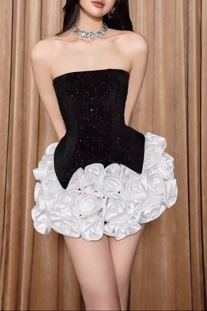 Doris 3D Flower Sequin Strapless Mini Dress in Black Avalabel