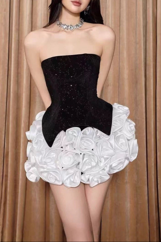 Doris 3D Flower Sequin Strapless Mini Dress in Black