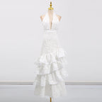 hazel white Deep V-neck halterneck layer ruffle trim maxi dress Avalabel