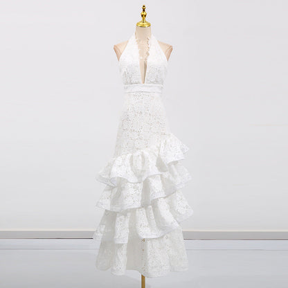 hazel white Deep V-neck halterneck layer ruffle trim maxi dress
