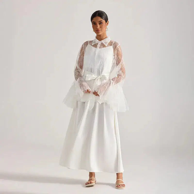Tiffany White Lace Bell-Sleeve Ruffle Embroidered Top Maxi Skirt Set Avalabel