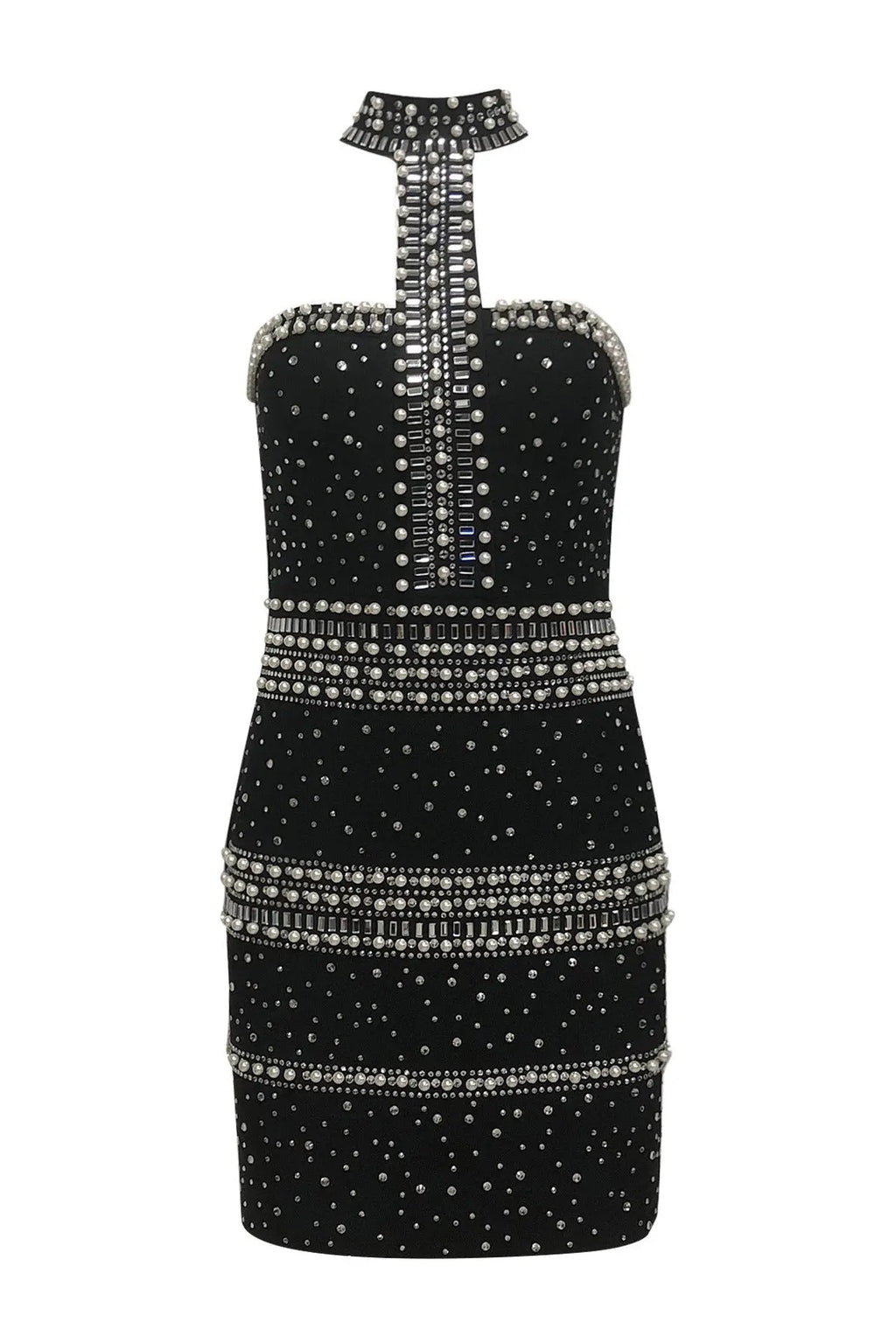 nelly pearl rhinestone halter mini dress in black Avalabel
