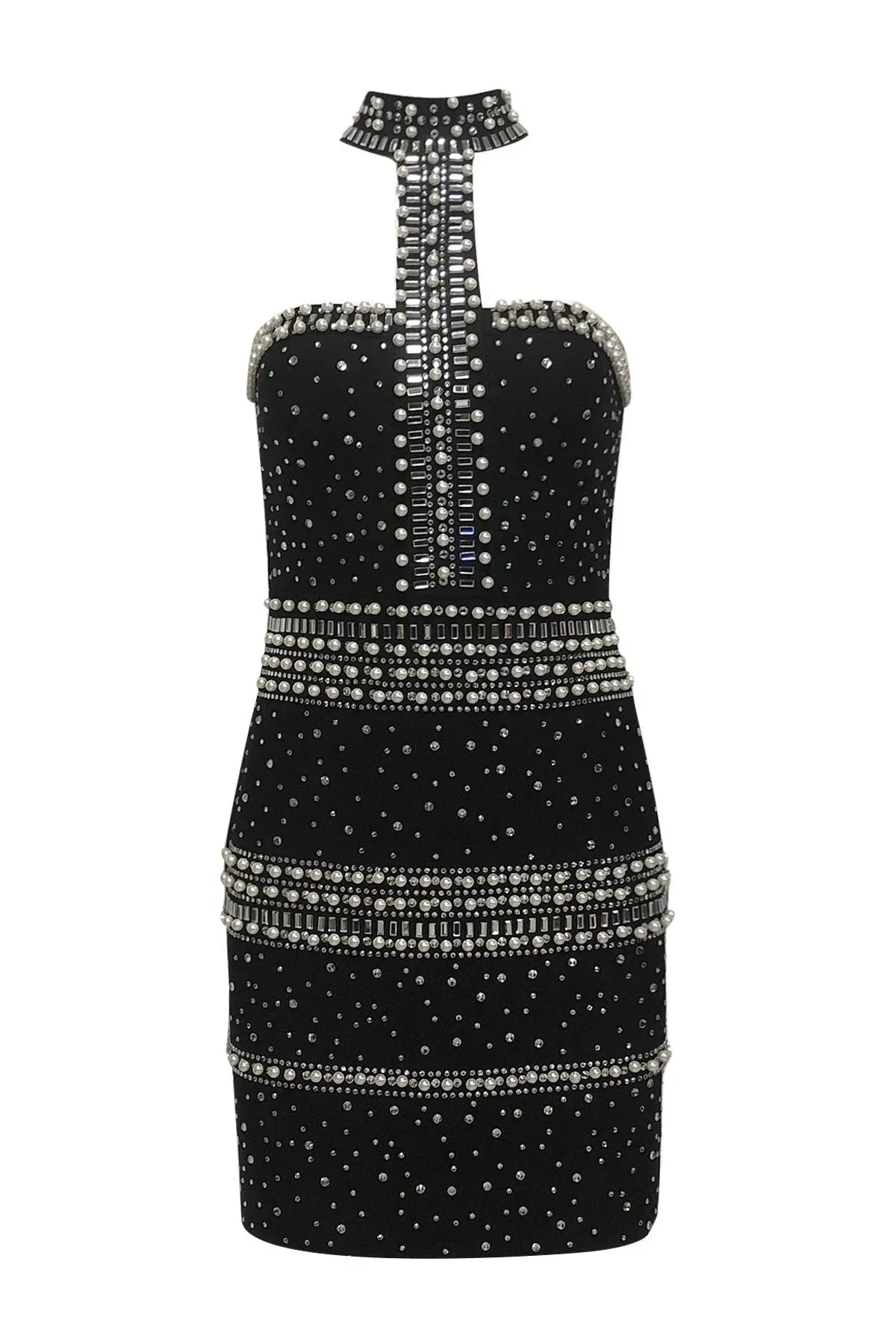 nelly pearl rhinestone halter mini dress in black Avalabel