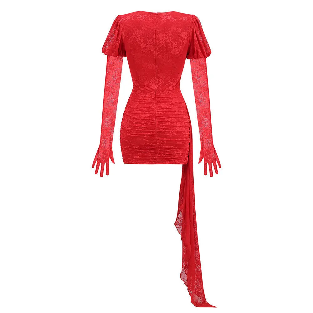 Dariel Floral Jacquard Cutout Draped Mini Dress - Red Avalabel
