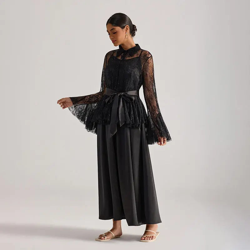 Tiffany Black Lace Bell-Sleeve Ruffle Embroidered top maxi skirt set Avalabel
