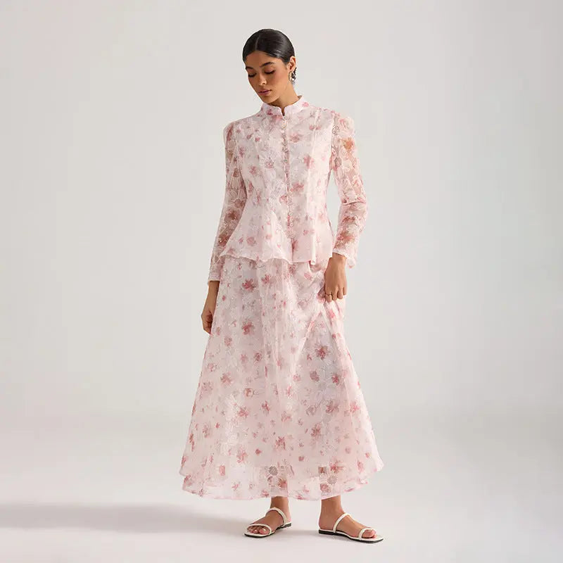 Rebecca Pink Floral Embroidered Long-Sleeve Top Skirt Set Avalabel