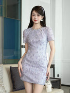 jacqueline rhinestone flower embroidery bodycon mini dress in purple Avalabel