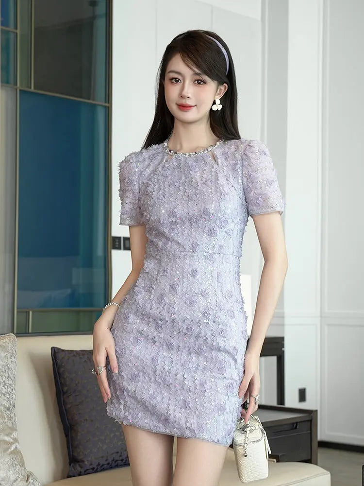 jacqueline rhinestone flower embroidery bodycon mini dress in purple Avalabel