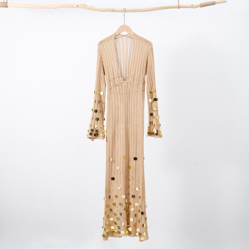 elma Golden Aura v-neck Knitted maxi Dress Avalabel