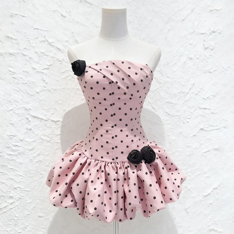 Polka Dot Strapless flower Corset Puff Mini Dress In Pink Avalabel