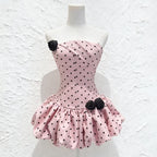 Polka Dot Strapless flower Corset Puff Mini Dress In Pink Avalabel