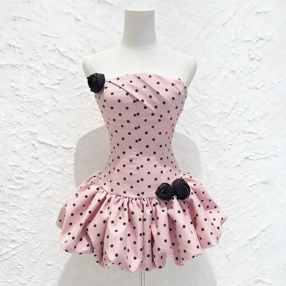 Polka Dot Strapless flower Corset Puff Mini Dress In Pink Avalabel