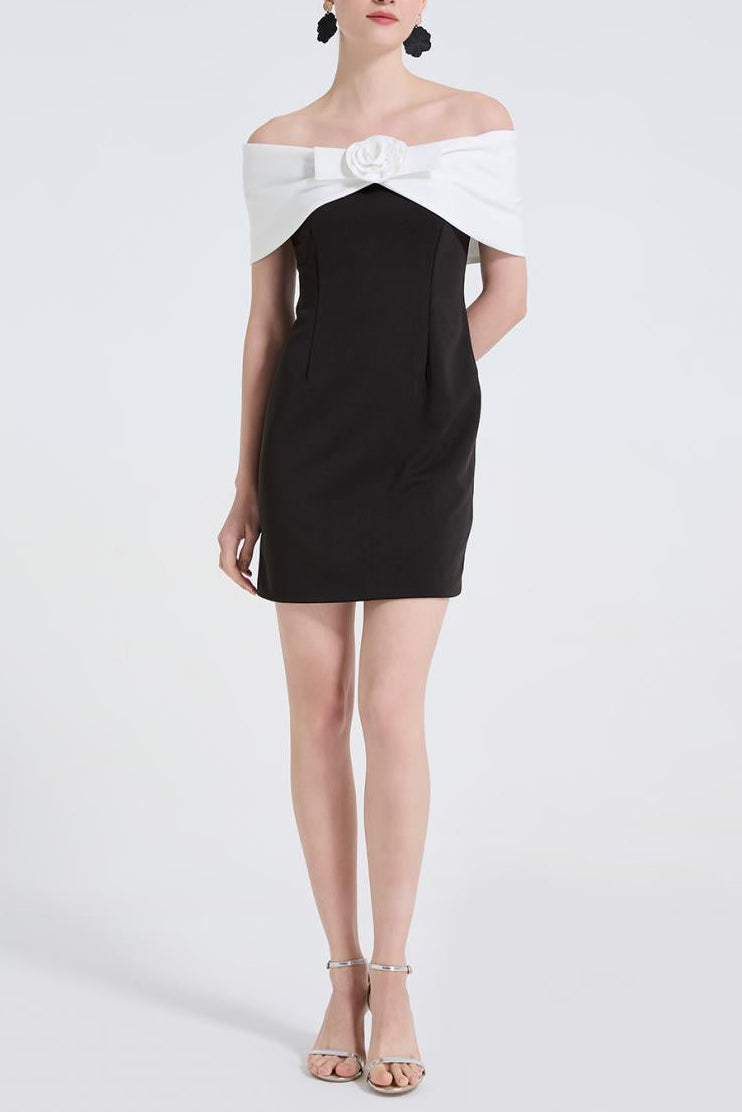 Sandra Off-Shoulder 3D Flower Mini Dress in Black