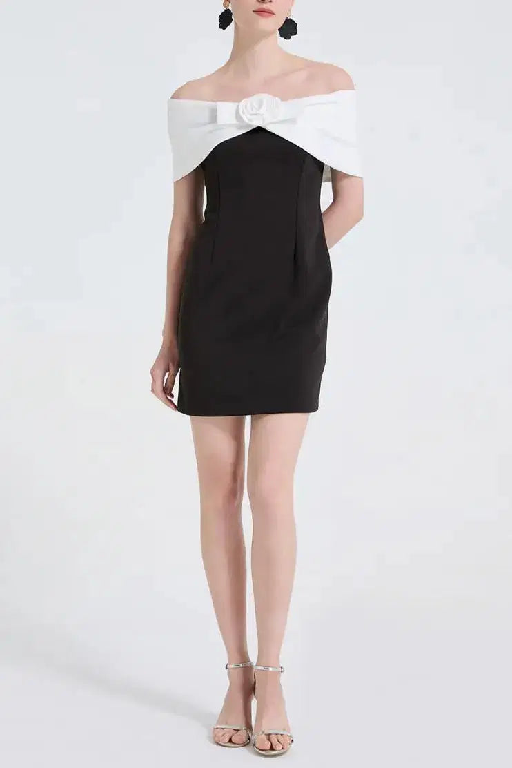 Sandra Off-Shoulder 3D Flower Mini Dress in Black Avalabel