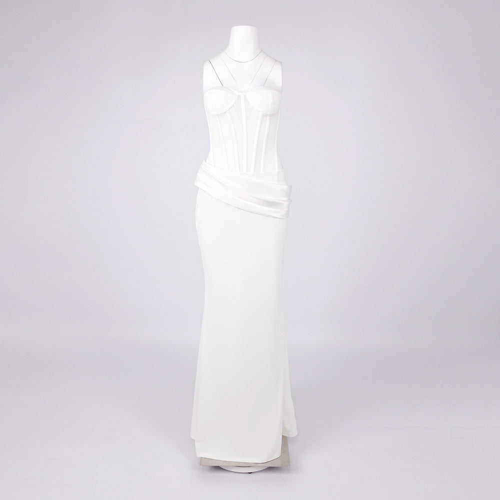 priscilla Strapless Veiled Corset Maxi Dress in white Avalabel