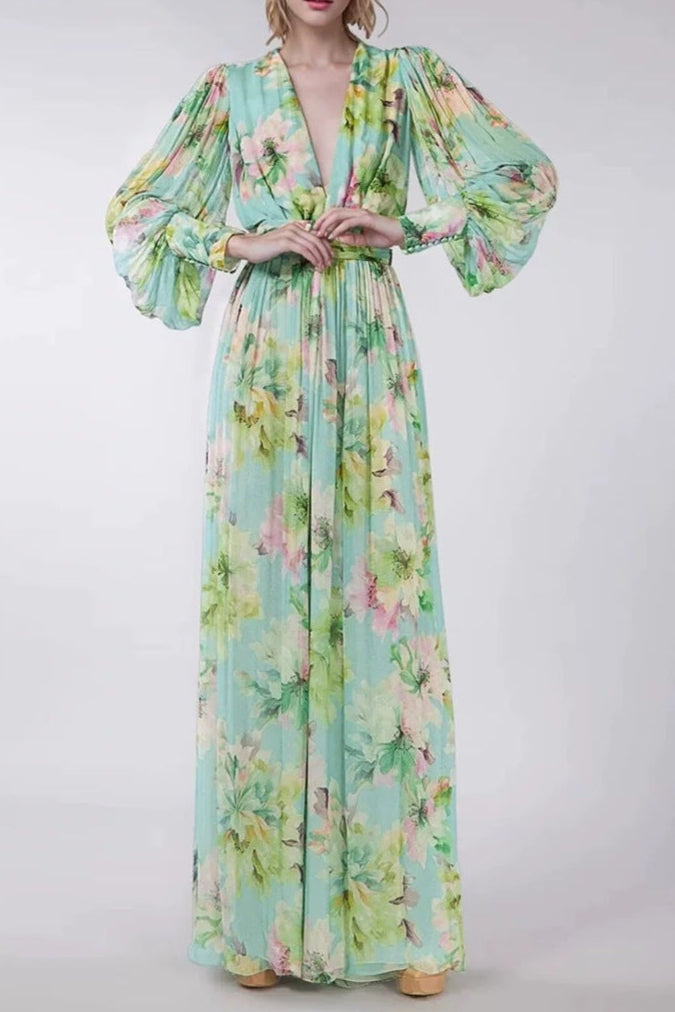 V Neck Floral Print Chiffon Maxi Dress in Green Avalabel