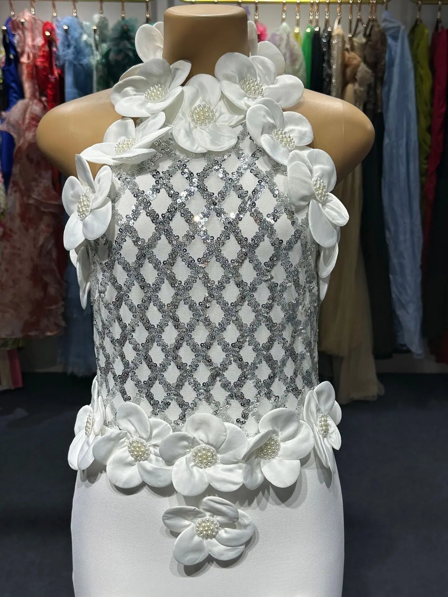 Phoenix 3D Flower Sequin Halter Bandage Maxi Dress in White Avalabel
