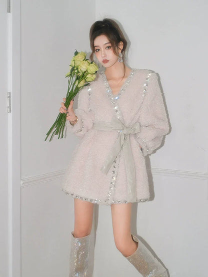 Joy V-Neck Long Sleeve Diamond Stud Coat